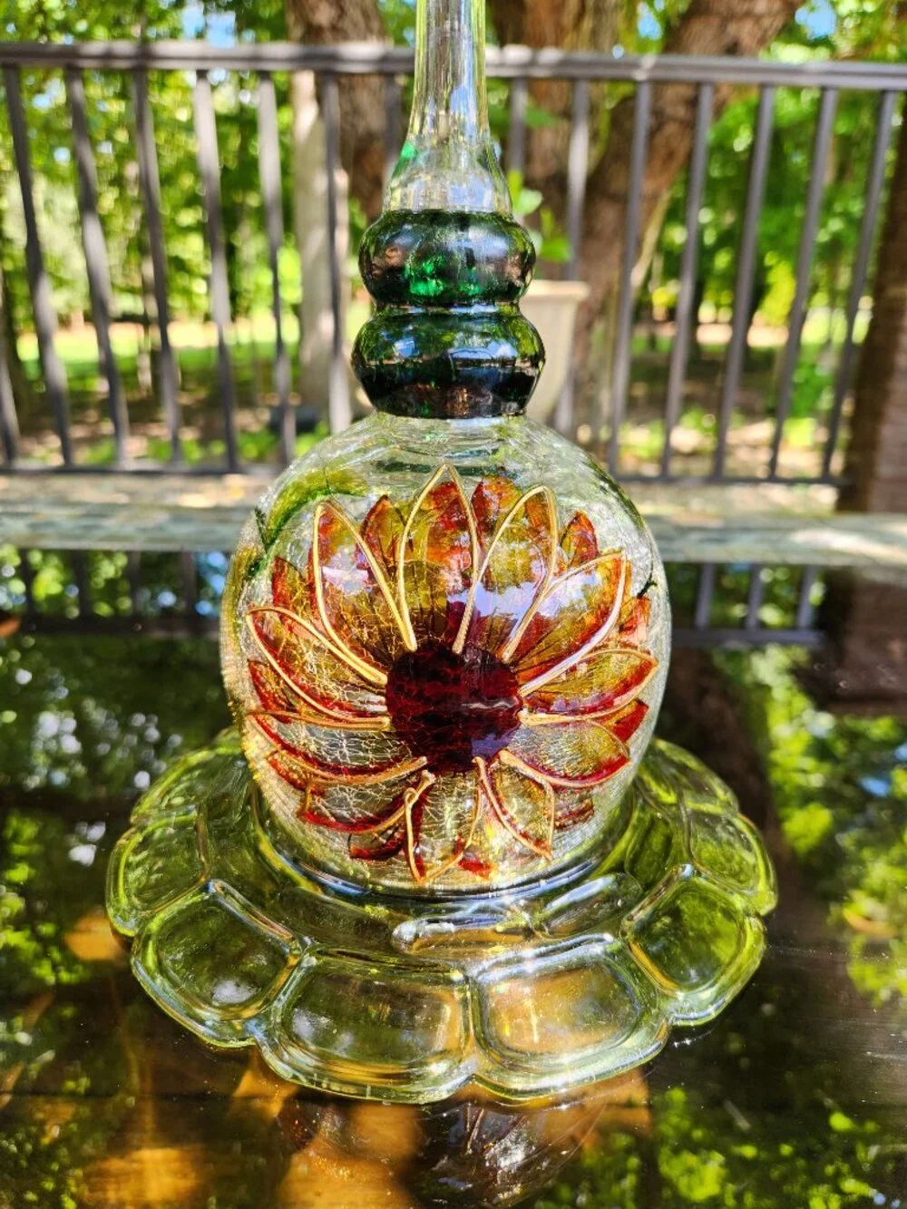 Upcycled Red Painted Flower Green Tiki Torch Beaded Accents